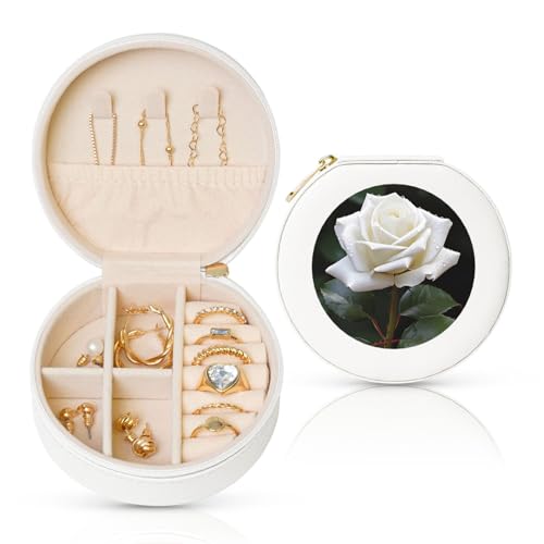 BYPPJGH Kleine Schmuckschatulle mit weißer Rose, Leder, Reise-Schmucketui, wasserdicht, rund, Schmuck-Organizer, weiß, für Damen, Ringe, Halsketten, Geschenke von BYPPJGH