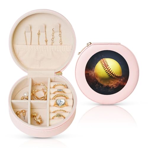 BYPPJGH Kleine Softball-Schmuckschatulle, Leder, Reise-Schmucketui, wasserdicht, rund, Schmuck-Organizer, Rosa, für Damen, Ringe, Halsketten, Geschenke von BYPPJGH