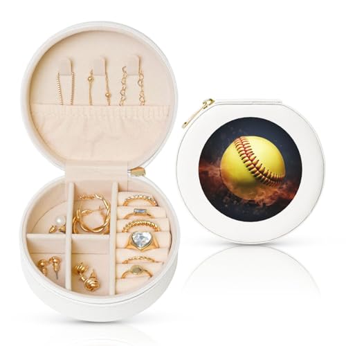 BYPPJGH Kleine Softball-Schmuckschatulle, Leder, Reise-Schmucketui, wasserdicht, rund, Schmuck-Organizer, weiß, für Damen, Ringe, Halsketten, Geschenke von BYPPJGH