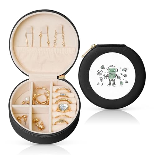 BYPPJGH Line Robot Kleine Schmuckschatulle aus Leder, Reise-Schmuckkoffer, wasserdicht, rund, Schmuck-Organizer, schwarz, für Damen, Ringe, Halsketten, Geschenke von BYPPJGH