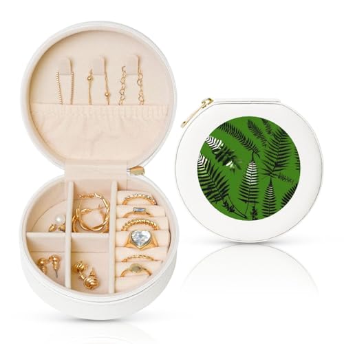 BYPPJGH Natürliche Pflanzen-Silhouette, Farnblätter, kleine Schmuckschatulle, Leder, Reise-Schmucketui, wasserdicht, rund, Schmuck-Organizer, weiß, für Damen, Ringe, Halsketten, Geschenke von BYPPJGH