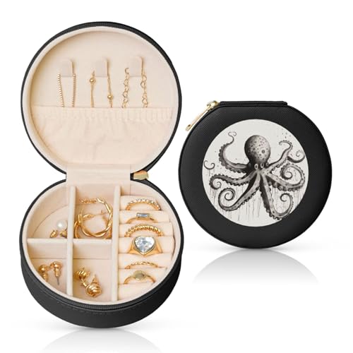 BYPPJGH Octopus Kleine Schmuckschatulle aus Leder, Reise-Schmucketui, wasserdicht, rund, Schmuck-Organizer, schwarz, für Damen, Ringe, Halsketten, Geschenke von BYPPJGH