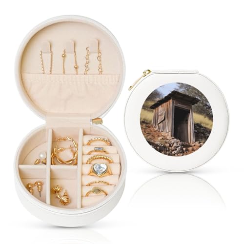 BYPPJGH Old Ancient Outhouse Kleine Schmuckschatulle aus Leder, Reise-Schmuckkoffer, wasserdicht, rund, Schmuck-Organizer, weiß, für Damen, Ringe, Halsketten, Geschenke von BYPPJGH