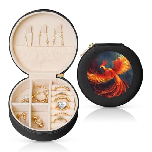 BYPPJGH Phoenix kleine Schmuckschatulle aus Leder, Reise-Schmucketui, wasserdicht, rund, Schmuck-Organizer, schwarz, für Damen, Ringe, Halsketten, Geschenke von BYPPJGH