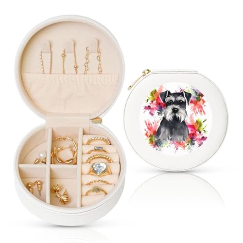 BYPPJGH Schnauzer Kleine Schmuckschatulle aus Leder, Reise-Schmuckkoffer, wasserdicht, rund, Schmuck-Organizer, weiß, für Damen, Ringe, Halsketten, Geschenke von BYPPJGH