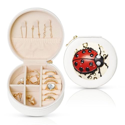 BYPPJGH Schöne kleine Schmuckschatulle mit Marienkäfer-Design, Leder, Reise-Schmucketui, wasserdicht, rund, Schmuck-Organizer, weiß, für Damen, Ringe, Halsketten, Geschenke von BYPPJGH