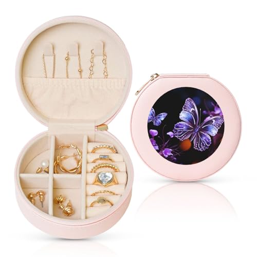 BYPPJGH Schöne kleine Schmuckschatulle mit Schmetterling, Leder, Reise-Schmucketui, wasserdicht, rund, Schmuck-Organizer, Rosa, für Damen, Ringe, Halsketten, Geschenke von BYPPJGH