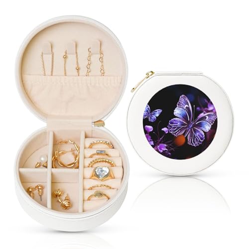 BYPPJGH Schöne kleine Schmuckschatulle mit violettem Schmetterling, Leder, Reise-Schmucketui, wasserdicht, rund, Schmuck-Organizer, weiß, für Damen, Ringe, Halsketten, Geschenke von BYPPJGH