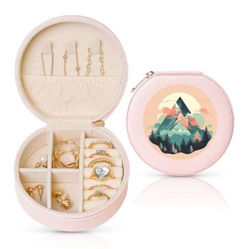 BYPPJGH Simplify Berge und Wälder, kleine Schmuckschatulle, Leder, Reise-Schmucketui, wasserdicht, rund, Schmuck-Organizer, Rosa, für Damen, Ringe, Halsketten, Geschenke von BYPPJGH