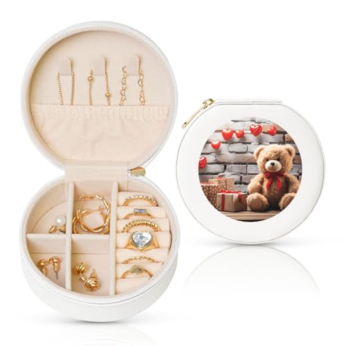 BYPPJGH Süßer Bär, Valentinstagsgeschenk, kleine Schmuckschatulle, Leder, Reise-Schmucketui, wasserdicht, rund, Schmuck-Organizer, weiß, für Damen, Ringe, Halsketten, Geschenke von BYPPJGH