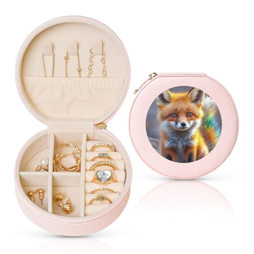 BYPPJGH Süßer Fuchs, kleine Schmuckschatulle, Leder, Reise-Schmucketui, wasserdicht, rund, Schmuck-Organizer, Rosa, für Damen, Ringe, Halsketten, Geschenke von BYPPJGH