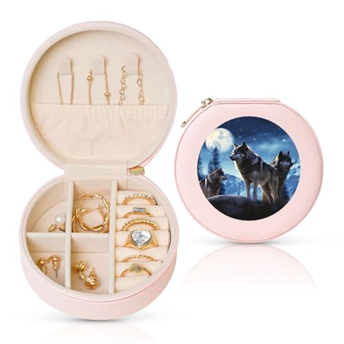 BYPPJGH Wolfs Kleine Schmuckschatulle aus Leder, Reise-Schmuckkoffer, wasserdicht, rund, Schmuck-Organizer, Rosa, für Damen, Ringe, Halsketten, Geschenke von BYPPJGH