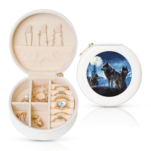 BYPPJGH Wolfs Kleine Schmuckschatulle aus Leder, Reise-Schmuckkoffer, wasserdicht, rund, Schmuck-Organizer, weiß, für Damen, Ringe, Halsketten, Geschenke von BYPPJGH