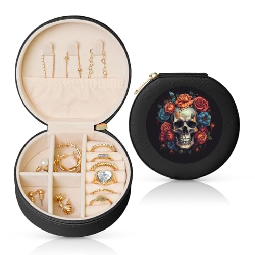 Kleine Schmuckschatulle mit Totenkopf, umgeben von Blumen, Leder, Reise-Schmucketui, wasserdicht, rund, Schmuck-Organizer, schwarz, für Damen, Ringe, Halsketten, Geschenke von BYPPJGH