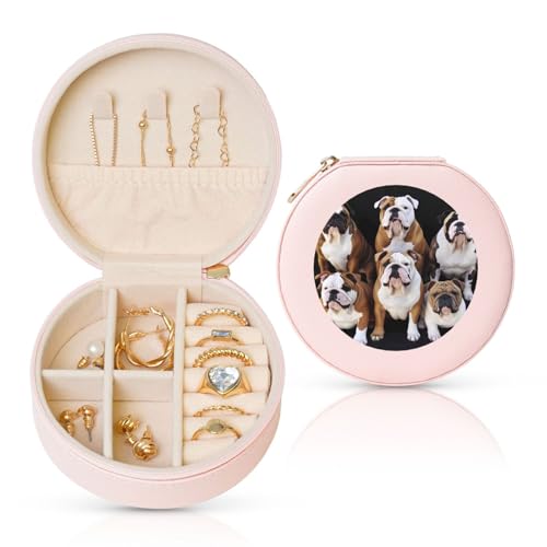 Kleine Schmuckschatulle mit englischen Bulldoggen, Leder, Reise-Schmucketui, wasserdicht, rund, Schmuck-Organizer, Rosa, für Damen, Ringe, Halsketten, Geschenke von BYPPJGH