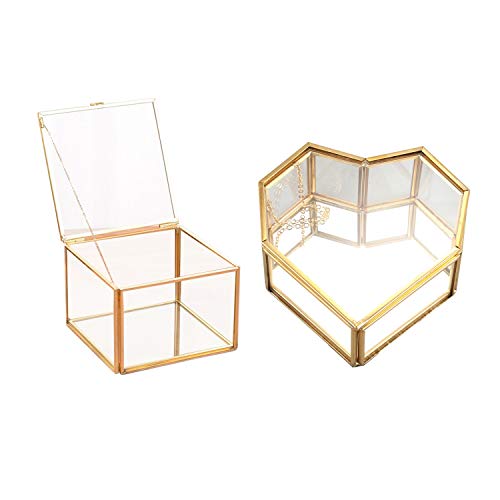 BYSL 2 Stück geometrische Glas-Schmuckschatulle aus Glas, Ringschachtel, exquisit, einzigartig, Hochzeits-Schmuckschatulle, quadratisch und aufklappbar, Herzform von BYSL
