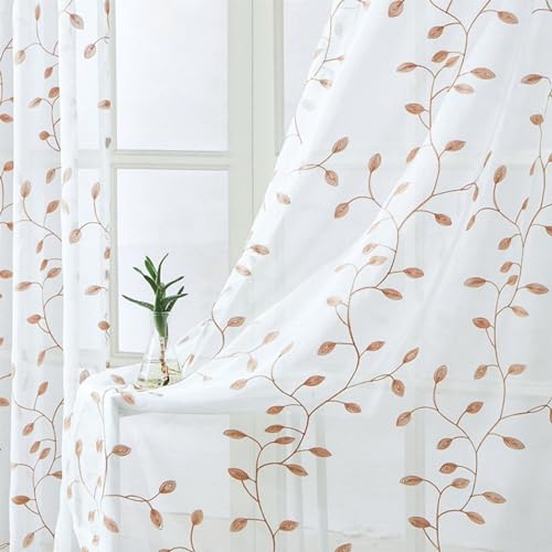 2er-Set Gardinen transparent Vorhang Blätter Stickerei mit Ösen Voile Vorhänge Fensterschal Dekoschal für Wohnzimmer Schlafzimmer Kinderzimmer, 140x245cm, Beige 2er-Set Gardinen transparent Vorhang Blätter Stickerei mit Ösen Voile Vorhänge Fensterschal Dekoschal für Wohnzimmer Schlafzimmer Kinderzimmer, 140x245cm, Beige von BYSURE