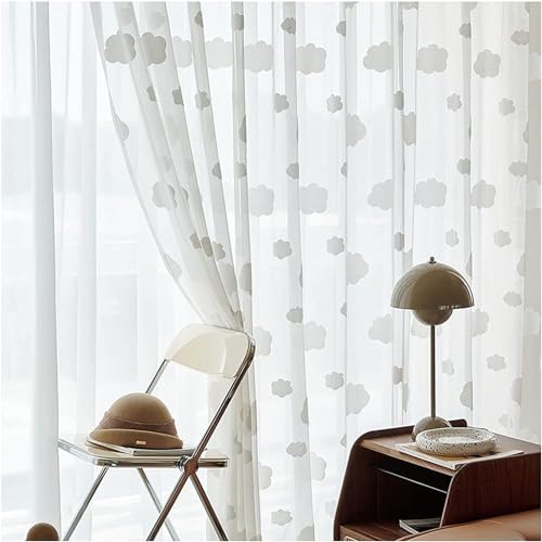 BYSURE 2er-Set Vorhänge Gardinen transparent Ösen 3D Wolke für Mädchen für Wohnzimmer, Schlafzimmer, Voile durchsichtig Vorhänge, 140x215cm, Weiß von BYSURE