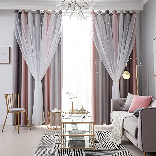 Vorhang Blickdicht Verdunkelungsvorhänge Sterne Gardinen Doppelschicht Sternenvorhänge mit Voile Vorhänge für Mädchen Schlafzimmer Wohnzimmer Kinderzimmer, 1 Stück (Grau, B 100 x H 250 cm) von BYSURE