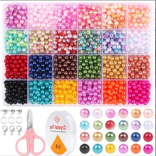 960 Stück Perlen für Armbänder 24 Farben Glasperlen zum Auffädeln Perlen Set, Runde Edelsteine Perlen Schmuck Selber Machen, Basteln für Erwachsene Kinder mit elastischer Faden, Schnallen von BYTLEOUTJ