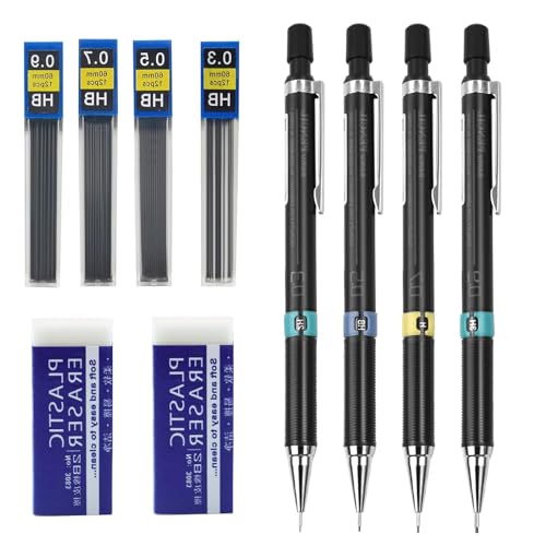 BYTLEOUTJ 4 Stück Druckbleistift 0,3/0,5/0,7/0.9 mm, 12 Tuben (576 Stück) Bleistiftmine HB Mienenbleistift und 2 Stück Radiergummi, Mechanical Pencil für Studenten, Schreiben, Zeichnen (Schwarz) von BYTLEOUTJ