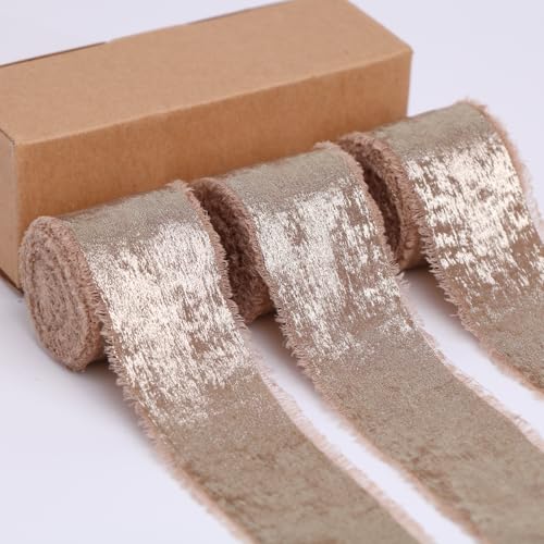 BYZANDQI Metallisches Chiffonband 3,8cm x 15m Goldband Seide Handgemachte ausgefranste Bänder für Geschenkverpackungen Baby Dusche Hochzeit Urlaub Dekoration (Hell Nackt) von BYZANDQI