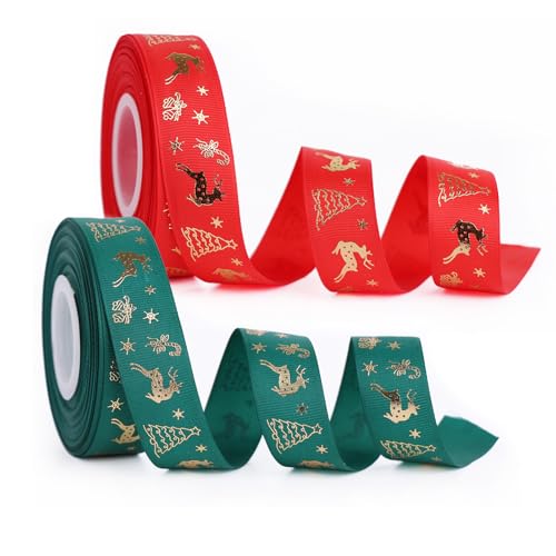 BYZANDQI Weihnachtsband, 22 m, 25 mm breit, glitzernd, rot/grün, Ripsbänder für Geschenkverpackungen, Basteln, Kränze, 2 Rollen (Rot/Grün, 2,5 cmB) von BYZANDQI