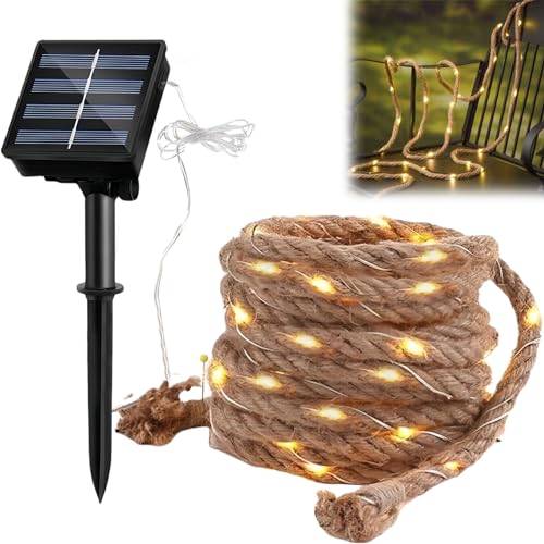 BYZESTY Solar Lichterkette Seil, 7M Warmweiß Lichterkette Aussen, Gartenleuchte mit 100 LEDs, IP65 Baumwollseil Solarlichterkette, Solar Rope Lights für Garten Balkon Terrasse Weihnachten Party von BYZESTY