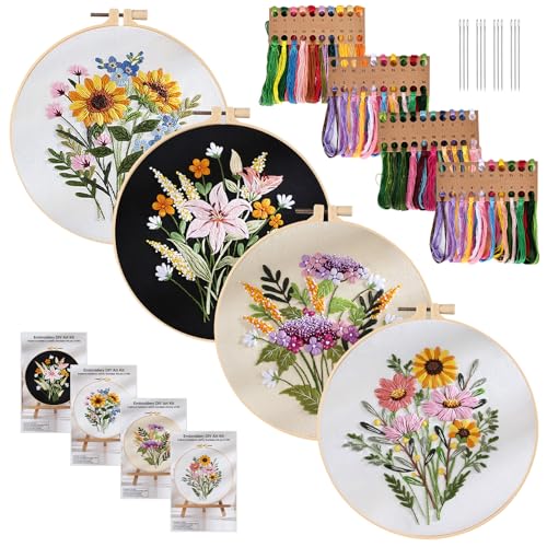 BYZESTY Stickset Embroidery Kit, 4 Stück Stickerei Set Anfänger, Sticken Set Erwachsene, Stick Sets zum Sticken Anfänger Stickbilder Vorgedruckt Kreuzstich mit Blumenmuster für DIY Kunst, Handwerk von BYZESTY