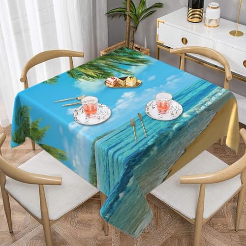 Tischdecke mit Aufdruck „Meer, Strand, Palmenblätter“, quadratisch, staubdicht, wasserdicht, 139,7 x 139,7 cm Tischdecke mit Aufdruck „Meer, Strand, Palmenblätter“, quadratisch, staubdicht, wasserdicht, 139,7 x 139,7 cm von BYwenhopnbs