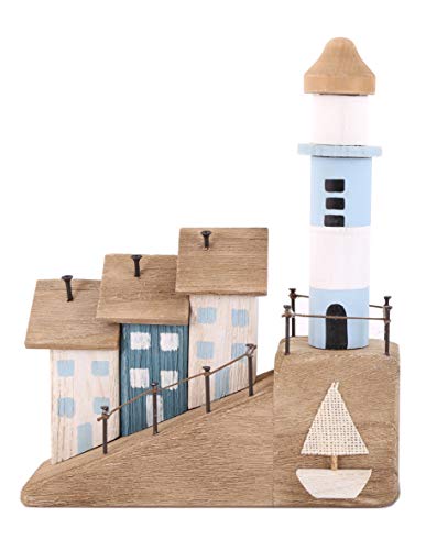 Shabby Chic Holz Küste Hafen Leuchtturm Dekoration auf Sockel – Natur, Blau, Weiß, Grün – 23,5 cm von BZB Goods