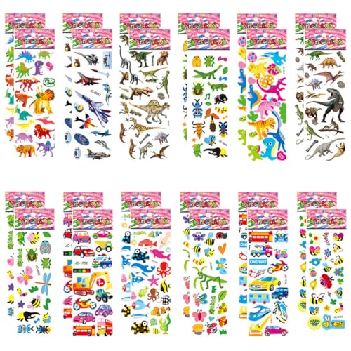 BZKSER Sticker - 24 Bogen 3D Aufkleber für Kinder & Kleinkinder, Geschwollen Stickers Niedliche Verschiedene Set für Jungen Mädchen Lehrer,Tier, Auto, Schmetterlinge, Dinosaurier und vieles mehr von BZKSER