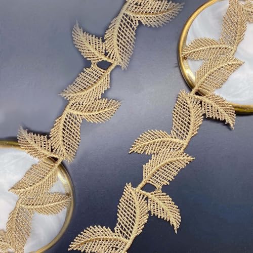 BZWKQA Spitzenband mit goldenen Blättern, 6,5 cm breit, 4,5 m – metallisch bestickte Applikation für Hochzeitsschleier, Brautkleid, Bastelarbeiten, Heimdekoration von BZWKQA