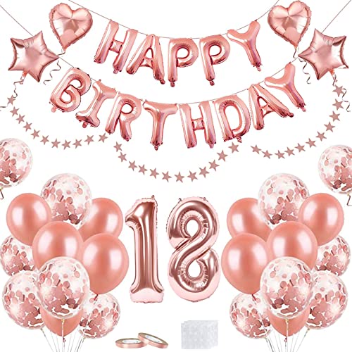 18 Geburtstag Mädchen Deko,Happy Birthday Banner,Luftballon 18. Geburtstag Rosegold,Geburtstagsdeko 18,Mädchen Party Supplies 55 Stück Mit Alles Gute Zum Geburtstag Latex Ballons Sterne Folienballons von BaXing