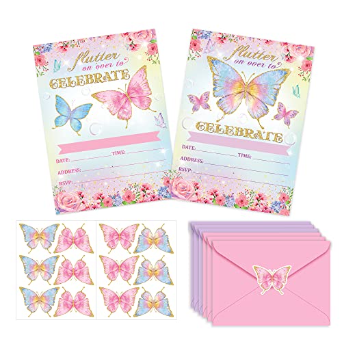 Babioms 12Pcs Schmetterling Einladungskarten, Party Invitation Cards, incl. 12 Umschläge, Themed Party Invitations, Umschläge zum Kindergeburtstag Mädchen Schmetterlinge von Babioms