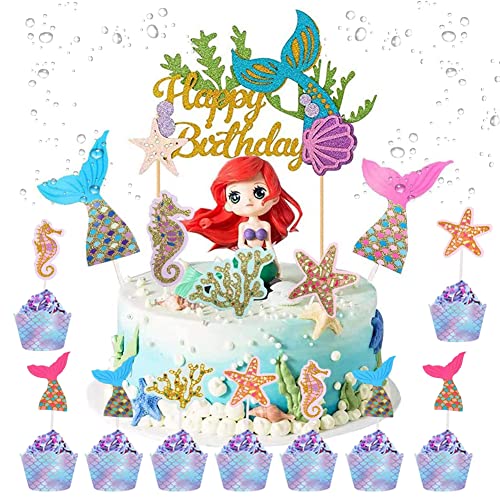 Babioms 17Pcs Meerjungfrau Kuchen Topper, Meerjungfrau Figuren, Cake Topper, für Mädchen Meerjungfrau-Thema-Geburtstags-Party, Ozean-Party von Babioms