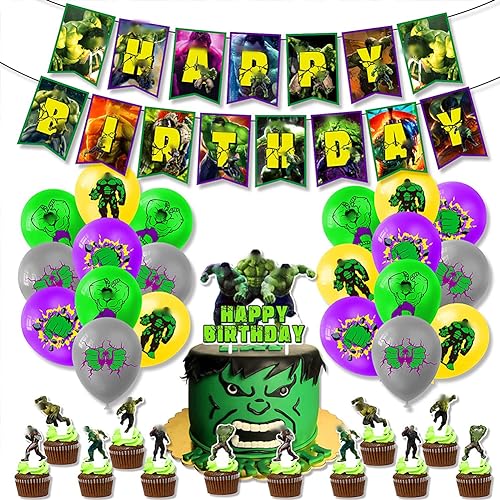 Babioms 36 Stück Hulk Kindergeburtstag Deko Hulk Partydekoration Set Luftballons Avengers Geburtstagsfeier Cake Topper Happy Birthday Banner Hulk Latex Ballons für Kinder Geburtstagsdeko von Babioms