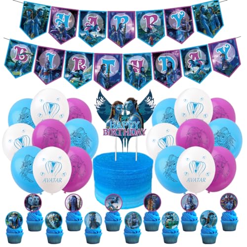 Babioms 44 Stück Avatar Geburtstagsdekoration, Geburtstag Party Dekorationen Mit Happy Birthday-Bannern, Luftballons,Avatar-Bannern, Tortenaufleger und Cupcake Aufleger von Babioms