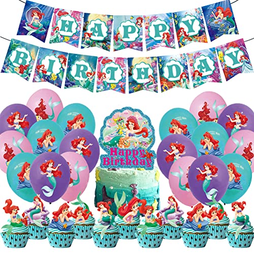 Babioms 44pcs Meerjungfrau Party Decorations, Happy Birthday Banner Balloons Cake Topper, Accessories for Children Birthday Party Baby Shower, Meerjungfrau Balloons Set von Babioms