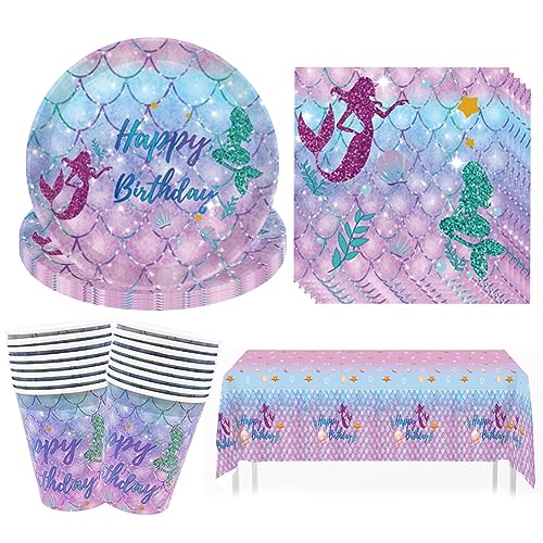 Babioms 49pcs Meerjungfrau Themed Party Supplies Set, Teller, Papiertuch, Tasse, Tischdecke, Mermaid Birthday Party Tableware - 16Guests von Babioms