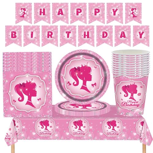 Babioms Partygeschirr Geburtstag Prinzessin 44pcs Barbi Geburtstag Deko Set Barbiprinzessin Kindergeburtstag Partyteller Barbi Tischdecke Banner Barbi Partyzubehör für 16 Personen von Babioms