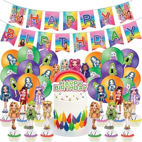Babioms Rainbow Dolls Balloon,44 Stück Rainbow Dolls Luftballons Geburtstagsdeko Cupcake Topper Kuchen Dekoration Mädchen Junge Partyzubehör von Babioms