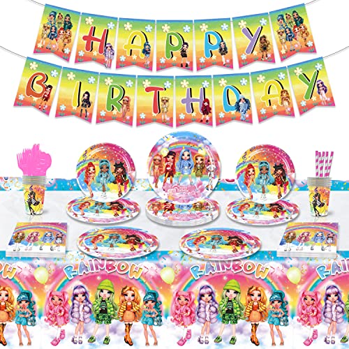 Babioms Rainbow Dolls Deko Geburtstag Partygeschirr Set, 71pcs Rainbow Dolls High Geburtstag Deko Party Supplies Set, Kindergeburtstag Geschirr Pappteller Becher für Partys Geburtstage von Babioms