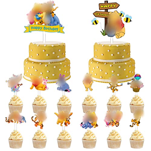 Babioms Pooh Geburtstagsdeko, Pooh Tortendeko, Acryl Bären Kuchendeckel, Happy Birthday Cake Topper, Cupcake Topper, Pooh Party Dekoration, Kinder Kuchen Topper, 14 Stücke von Babioms