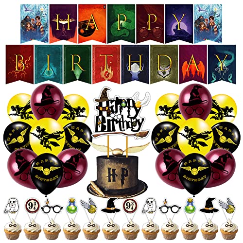 Babioms Zauberer Geburtstag Party Deko, Gute zum Geburtstag Banner Inspiriert Cupcake Toppers Luftballons, Cartoon Theme Party for Children, Wizard Birthday Party Decoration Set von Babioms