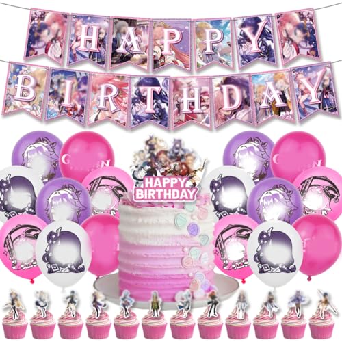 Genshin Impact Geburtstag Dekoration Set Babioms 30Stück Genshin Impact Anime Party Decoration Zubehör Genshin Impact Luftballon Happy Birthday Banner Cake Topper Deko für Kindergeburtstag Party von Babioms