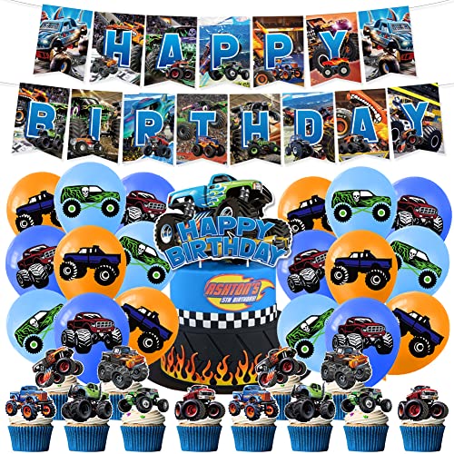 Monster Truck Geburtstagsdekoration,Babioms 32 Stück Truck Geburtstag Party Dekorationen Mit Happy Birthday-Bannern, Monster-Truck-Bannern, Luftballons, Tortenaufleger und Cupcake Aufleger von Babioms