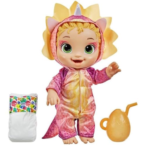 Baby Alive Dino Cuties Puppe, Triceratops, Puppenzubehör, Getränke, Nässe, Triceratops Dinosaurier-Spielzeug für Kinder ab 3 Jahren, Blondes Haar von Baby Alive
