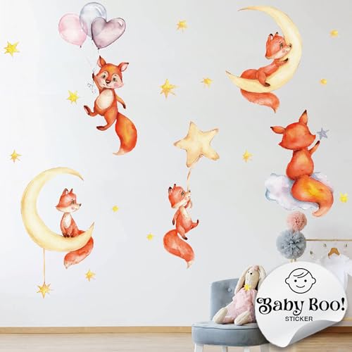 Baby Boo! Wandtattoo Kinderzimmer, Fuchs auf Stern Mond Wolke, Kinderzimmer Deko, Babyzimmer Deko, Wandsticker Kinderzimmer, Wandaufkleber Kinderzimmer, PVC, Wanddeko (90 x 30 cm) von Baby Boo!