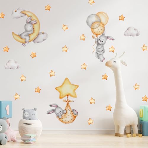 Baby Boo! Wandtattoo Kinderzimmer, Hase auf Mond, Luftballon und Stern, kleine Sterne, Kinderzimmer Deko, Babyzimmer Deko, Sticker Kinderzimmer, Wandaufkleber Kinderzimmer, PVC, Wanddeko (90 x 30 cm) von Baby Boo!